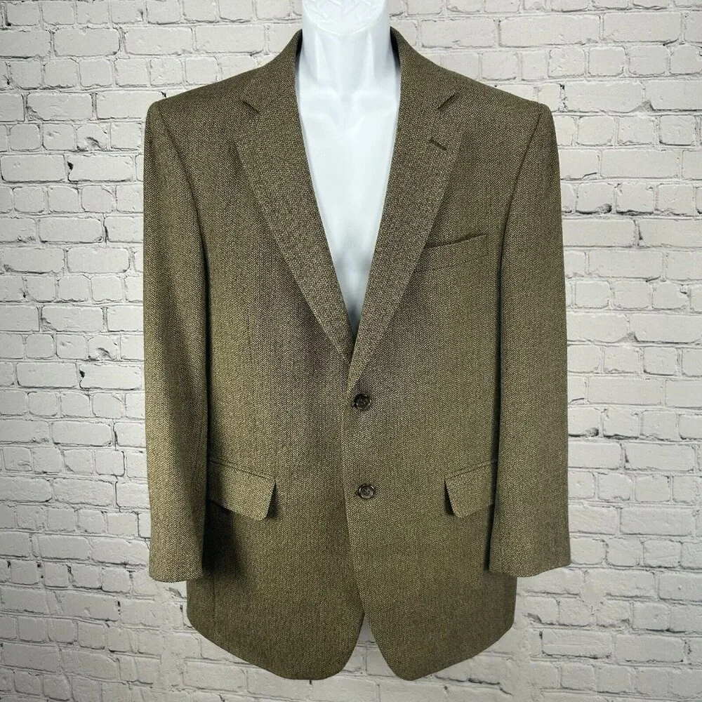 VTG Jos A Bank Brown Wool Herringbone 2 Button Vented Suit Jacket Size 41R